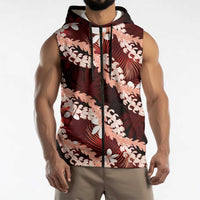 Puakenikeni Maile Lei Sleeveless Zip Hoodie Frangipani Red Tropical Leaves