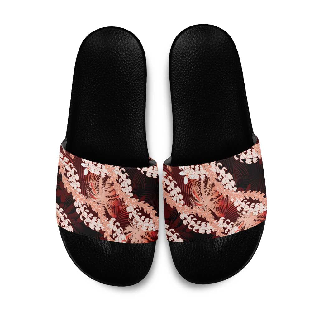 Puakenikeni Maile Lei Slide Sandals Frangipani Red Tropical Leaves