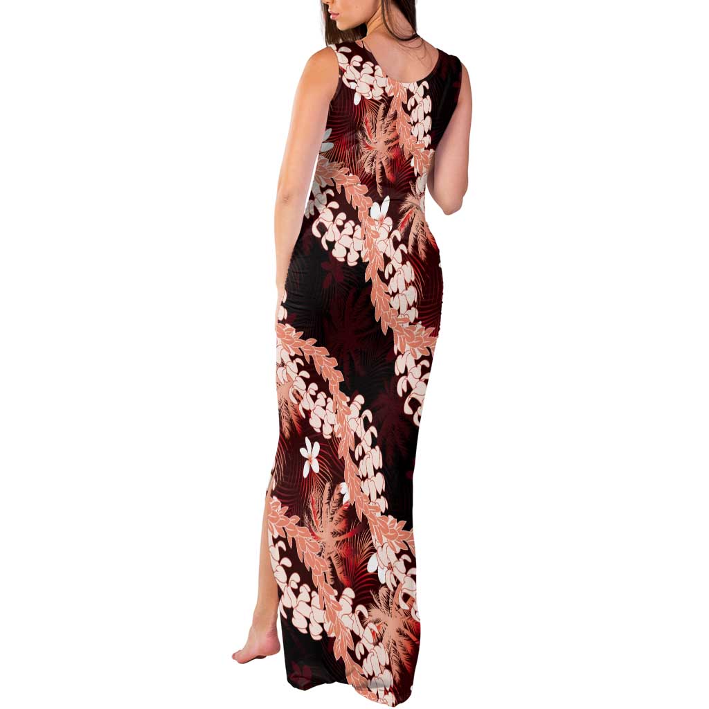 Puakenikeni Maile Lei Tank Maxi Dress Frangipani Red Tropical Leaves