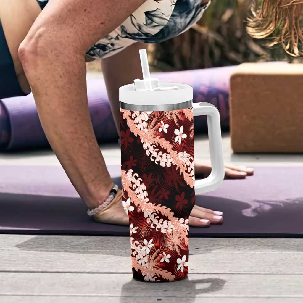 Puakenikeni Maile Lei Tumbler With Handle Frangipani Red Tropical Leaves