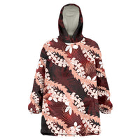 Puakenikeni Maile Lei Wearable Blanket Hoodie Frangipani Red Tropical Leaves
