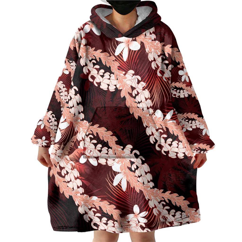 Puakenikeni Maile Lei Wearable Blanket Hoodie Frangipani Red Tropical Leaves