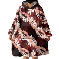 Puakenikeni Maile Lei Wearable Blanket Hoodie Frangipani Red Tropical Leaves