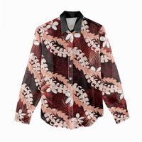 Puakenikeni Maile Lei Women Casual Shirt Frangipani Red Tropical Leaves