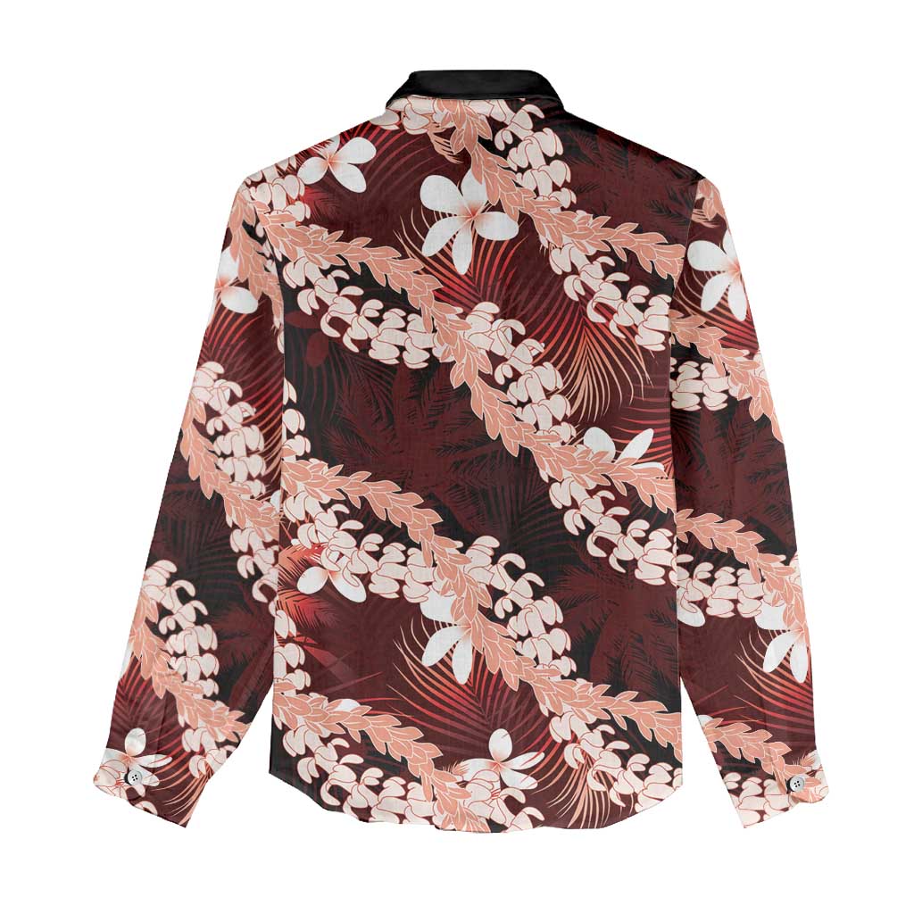 Puakenikeni Maile Lei Women Casual Shirt Frangipani Red Tropical Leaves