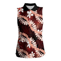 Puakenikeni Maile Lei Women Sleeveless Polo Shirt Frangipani Red Tropical Leaves