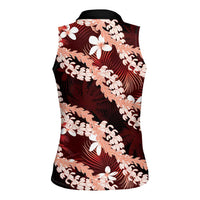Puakenikeni Maile Lei Women Sleeveless Polo Shirt Frangipani Red Tropical Leaves