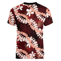 Puakenikeni Maile Lei Women V-Neck T-Shirt Frangipani Red Tropical Leaves