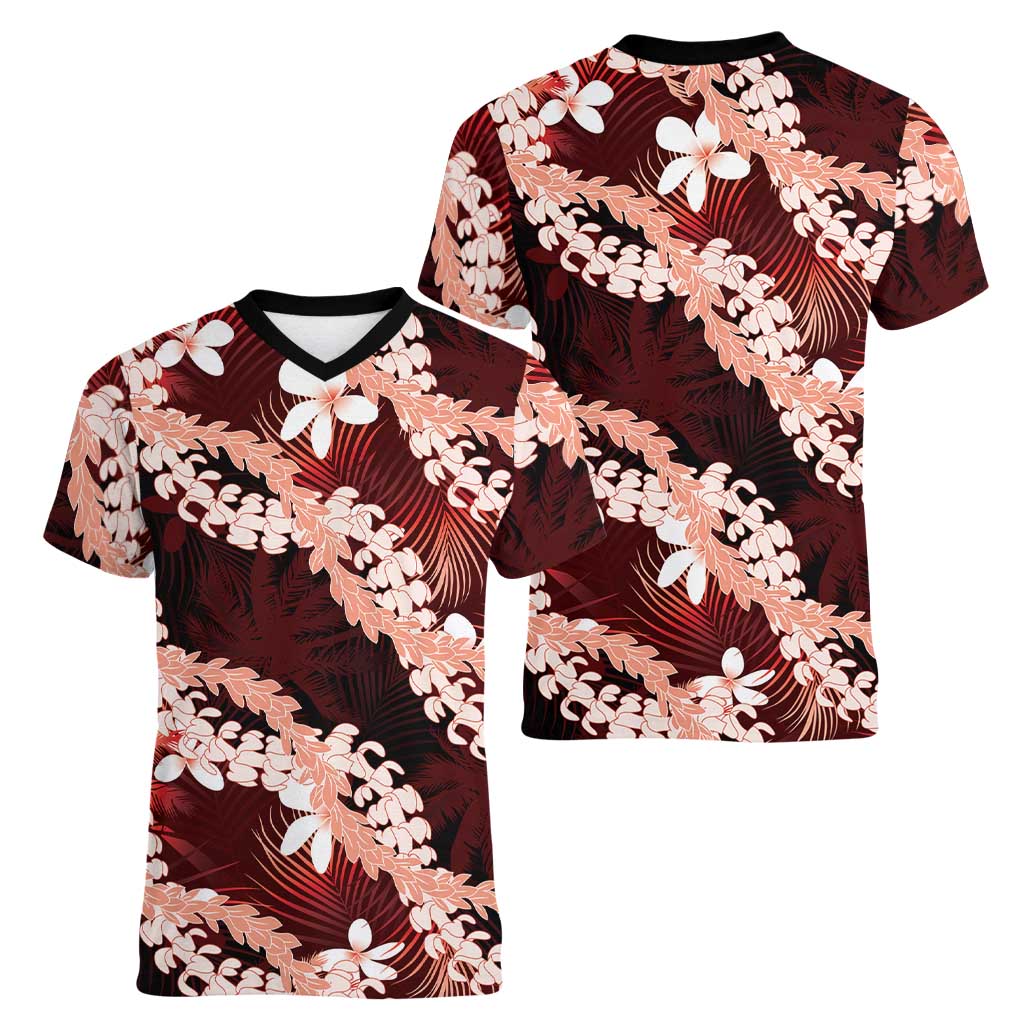 Puakenikeni Maile Lei Women V-Neck T-Shirt Frangipani Red Tropical Leaves