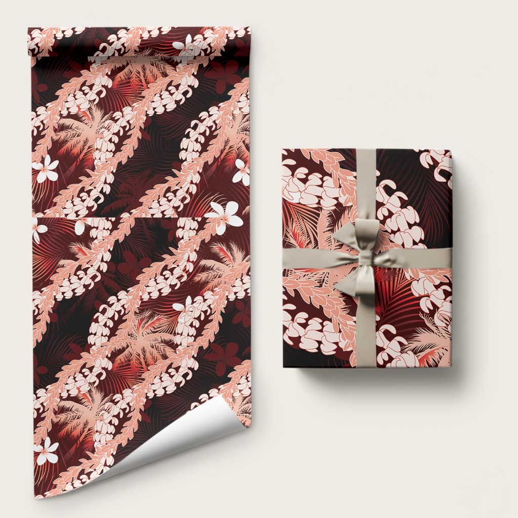 Puakenikeni Maile Lei Wrapping Paper Frangipani Red Tropical Leaves LT01 58" × 23" Red - Polynesian Pride