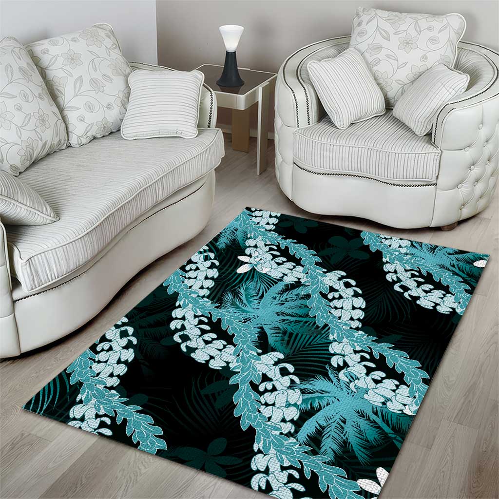 Puakenikeni Maile Lei Area Rug Frangipani Turquoise Tropical Leaves