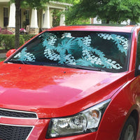 Puakenikeni Maile Lei Auto Sun Shade Frangipani Turquoise Tropical Leaves
