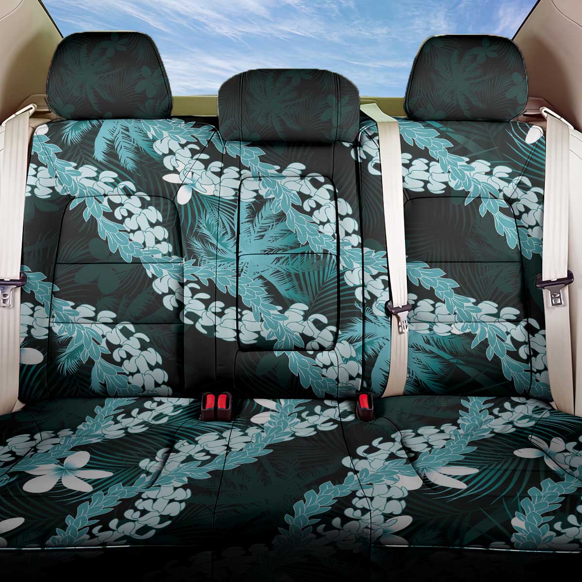Puakenikeni Maile Lei Back Car Seat Cover Frangipani Turquoise Tropical Leaves