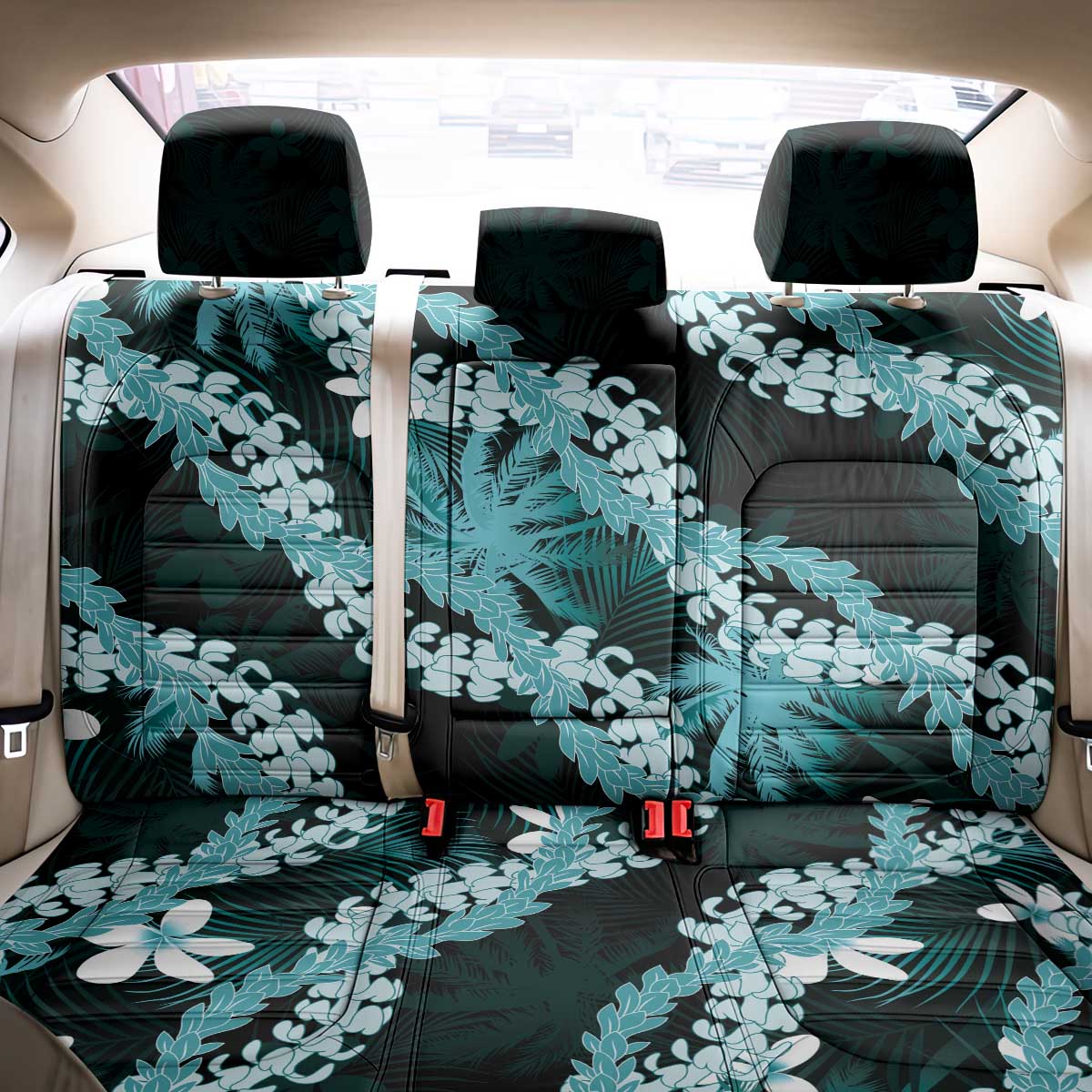 Puakenikeni Maile Lei Back Car Seat Cover Frangipani Turquoise Tropical Leaves