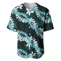 Puakenikeni Maile Lei Baseball Jersey Frangipani Turquoise Tropical Leaves
