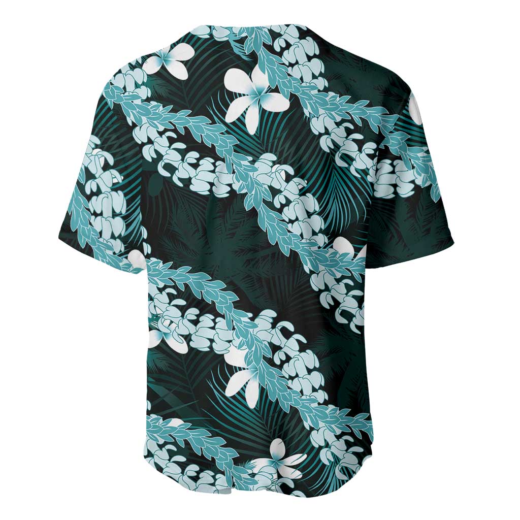 Puakenikeni Maile Lei Baseball Jersey Frangipani Turquoise Tropical Leaves