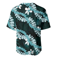 Puakenikeni Maile Lei Baseball Jersey Frangipani Turquoise Tropical Leaves
