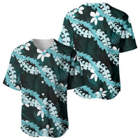 Puakenikeni Maile Lei Baseball Jersey Frangipani Turquoise Tropical Leaves