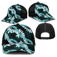 Puakenikeni Maile Lei Baseball Net Cap Frangipani Turquoise Tropical Leaves
