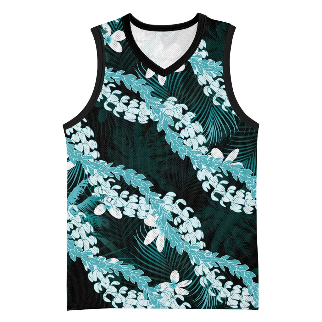 Puakenikeni Maile Lei Basketball Jersey Frangipani Turquoise Tropical Leaves