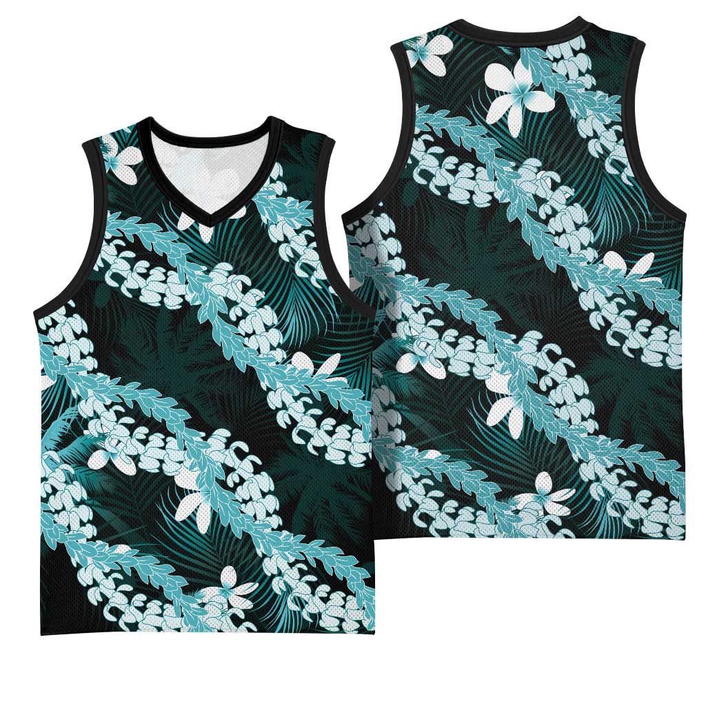 Puakenikeni Maile Lei Basketball Jersey Frangipani Turquoise Tropical Leaves