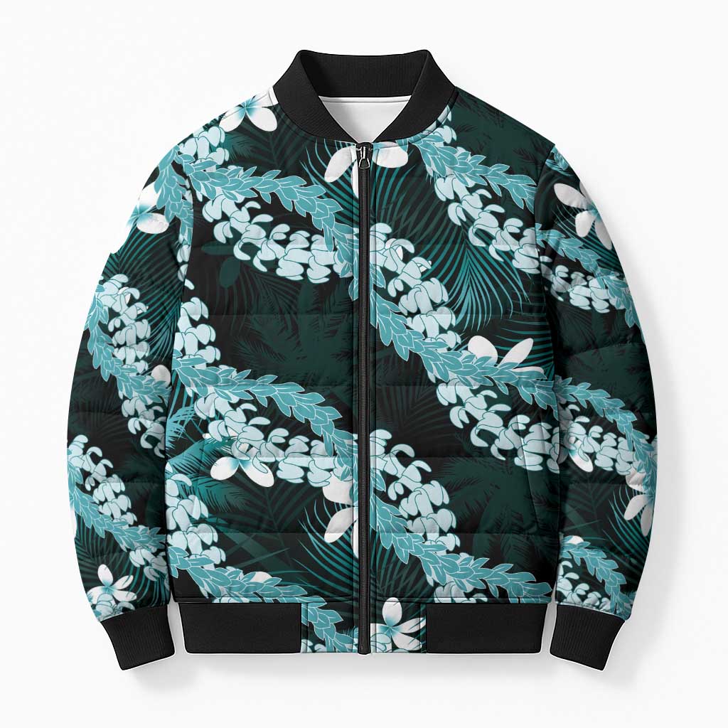 Puakenikeni Maile Lei Bomber Puffer Jacket Frangipani Turquoise Tropical Leaves