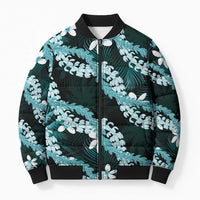 Puakenikeni Maile Lei Bomber Puffer Jacket Frangipani Turquoise Tropical Leaves