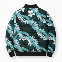 Puakenikeni Maile Lei Bomber Puffer Jacket Frangipani Turquoise Tropical Leaves