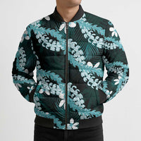 Puakenikeni Maile Lei Bomber Puffer Jacket Frangipani Turquoise Tropical Leaves