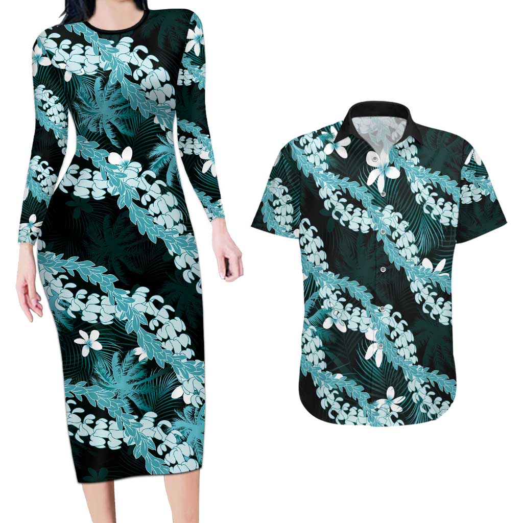 Puakenikeni Maile Lei Couples Matching Long Sleeve Bodycon Dress and Hawaiian Shirt Frangipani Turquoise Tropical Leaves