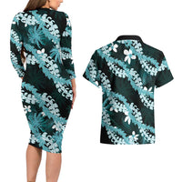 Puakenikeni Maile Lei Couples Matching Long Sleeve Bodycon Dress and Hawaiian Shirt Frangipani Turquoise Tropical Leaves LT01 - Polynesian Pride