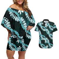 Puakenikeni Maile Lei Couples Matching Off Shoulder Short Dress and Hawaiian Shirt Frangipani Turquoise Tropical Leaves LT01 Turquoise - Polynesian Pride