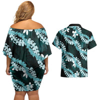 Puakenikeni Maile Lei Couples Matching Off Shoulder Short Dress and Hawaiian Shirt Frangipani Turquoise Tropical Leaves LT01 - Polynesian Pride