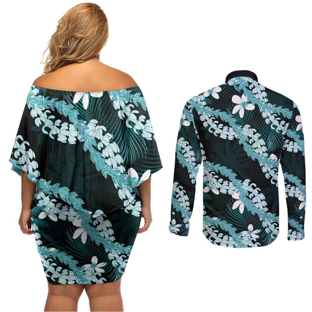 Puakenikeni Maile Lei Couples Matching Off Shoulder Short Dress and Long Sleeve Button Shirt Frangipani Turquoise Tropical Leaves