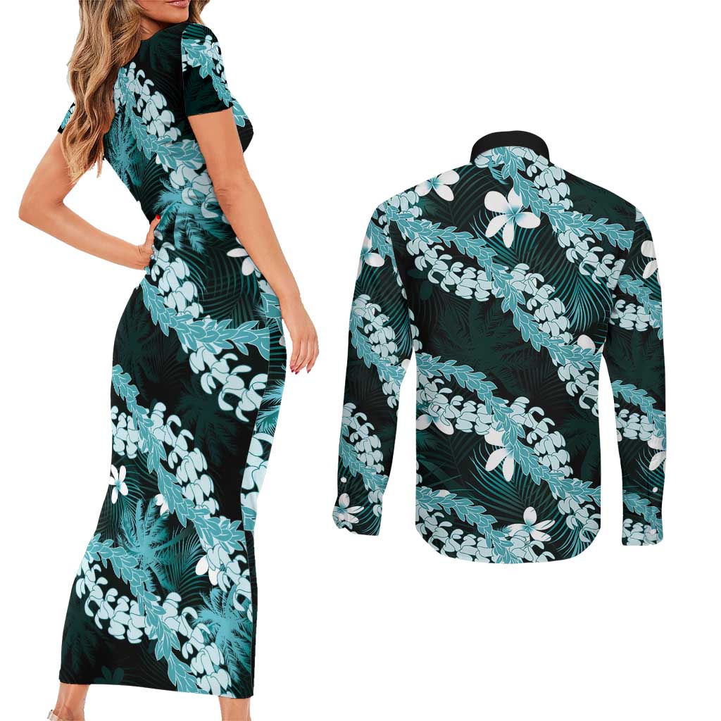 Puakenikeni Maile Lei Couples Matching Short Sleeve Bodycon Dress and Long Sleeve Button Shirt Frangipani Turquoise Tropical Leaves LT01 - Polynesian Pride