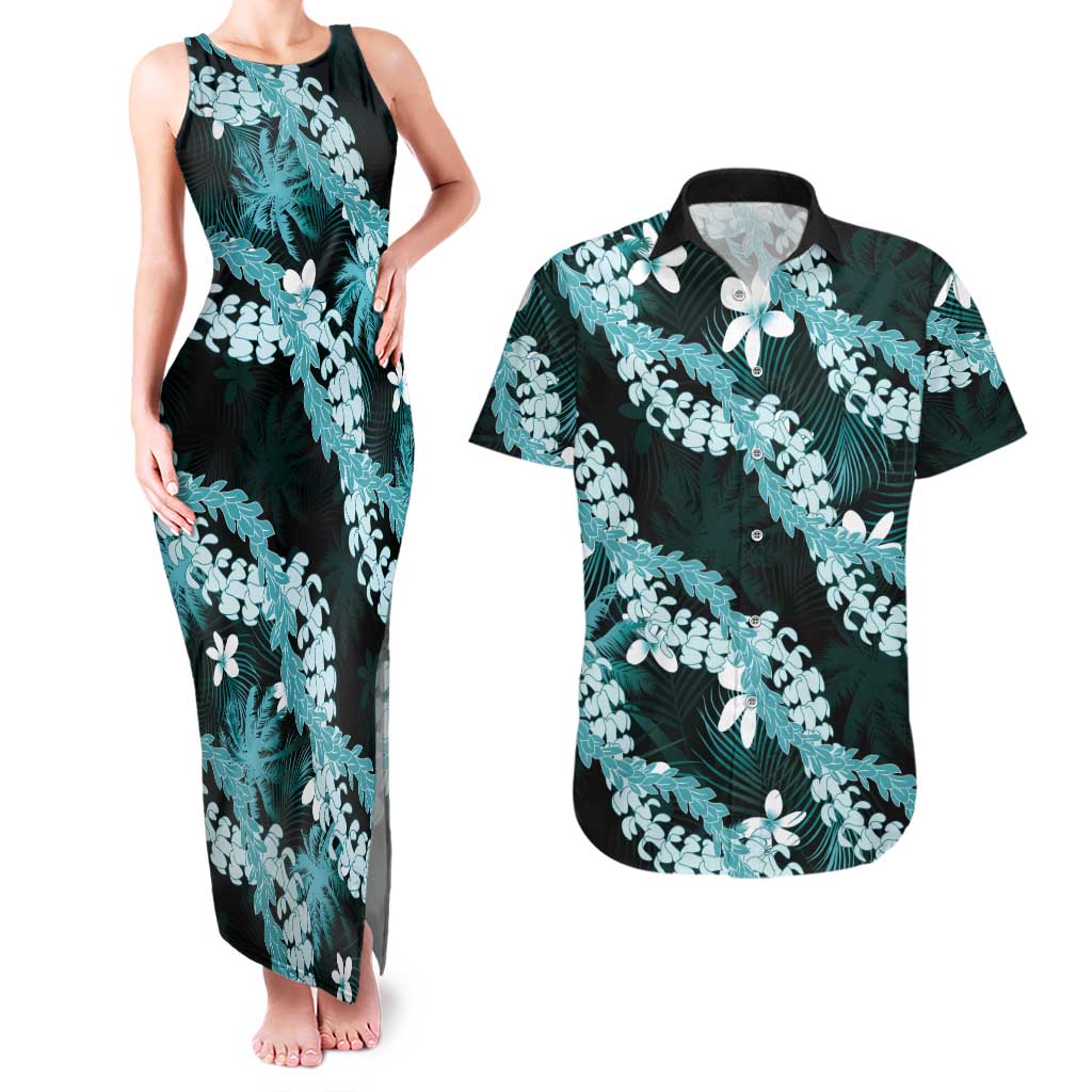 Puakenikeni Maile Lei Couples Matching Tank Maxi Dress and Hawaiian Shirt Frangipani Turquoise Tropical Leaves LT01 Turquoise - Polynesian Pride