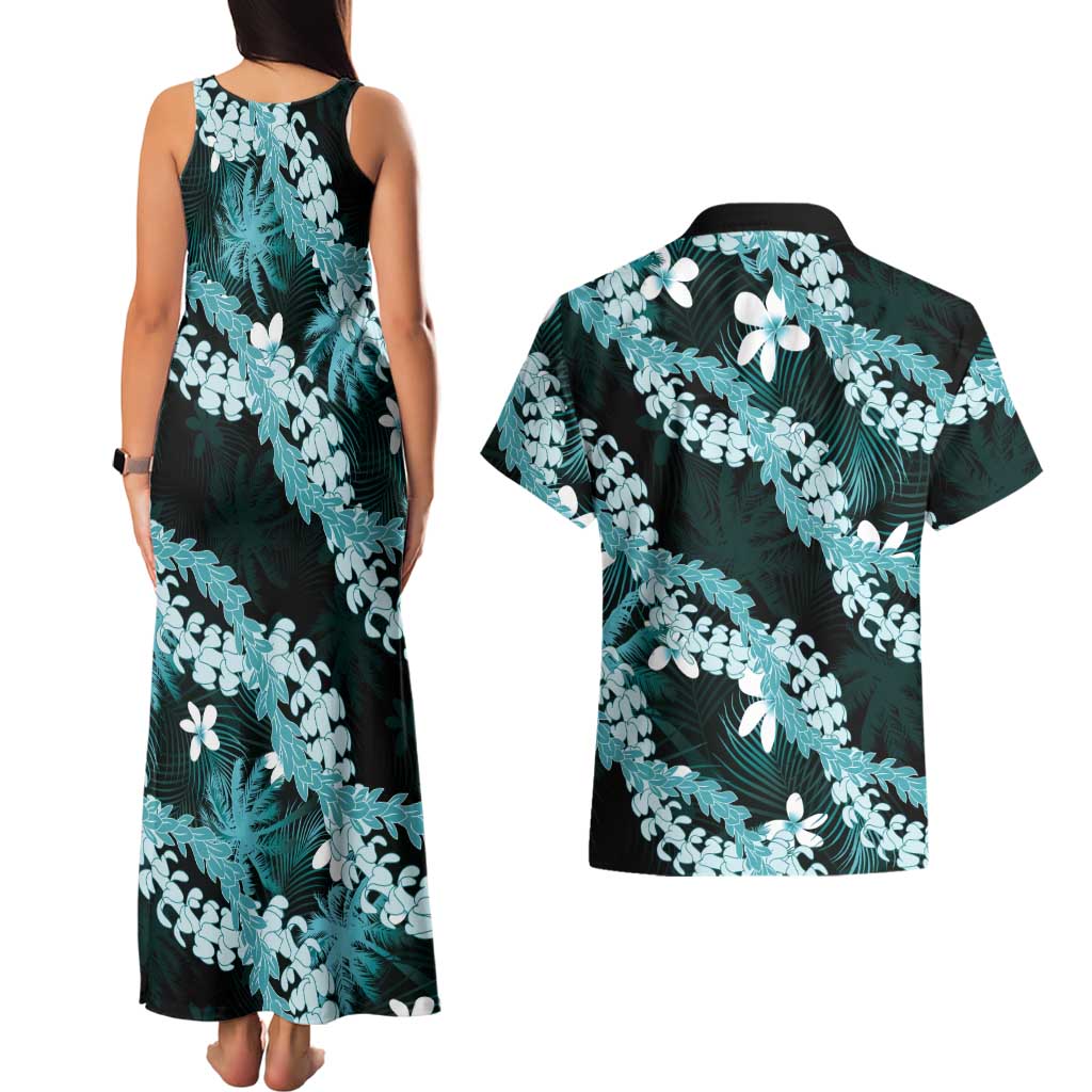 Puakenikeni Maile Lei Couples Matching Tank Maxi Dress and Hawaiian Shirt Frangipani Turquoise Tropical Leaves LT01 - Polynesian Pride