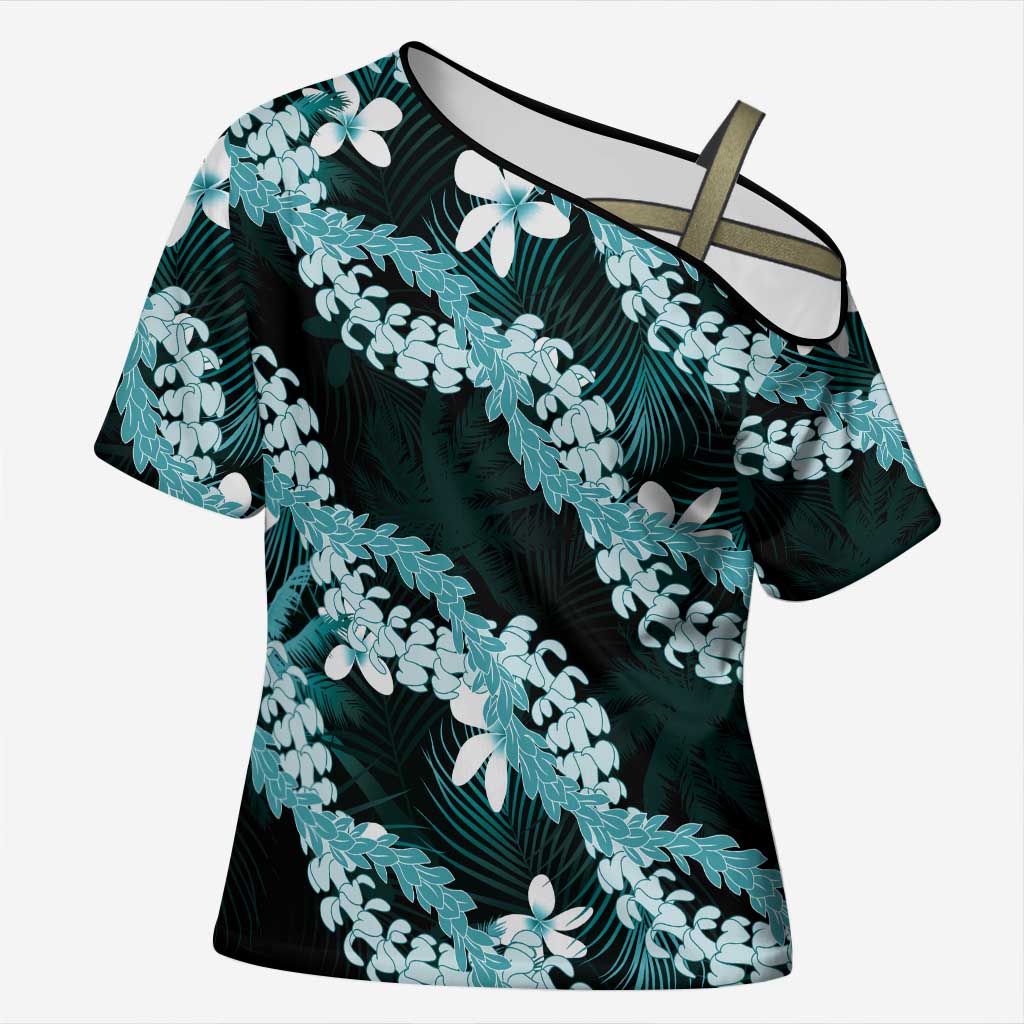 Puakenikeni Maile Lei Cross Shoulder Shirt Frangipani Turquoise Tropical Leaves