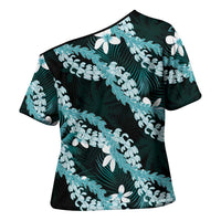 Puakenikeni Maile Lei Cross Shoulder Shirt Frangipani Turquoise Tropical Leaves
