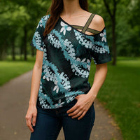 Puakenikeni Maile Lei Cross Shoulder Shirt Frangipani Turquoise Tropical Leaves