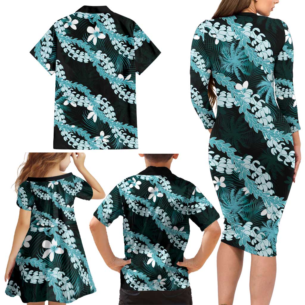 Puakenikeni Maile Lei Family Matching Long Sleeve Bodycon Dress and Hawaiian Shirt Frangipani Turquoise Tropical Leaves LT01 - Polynesian Pride