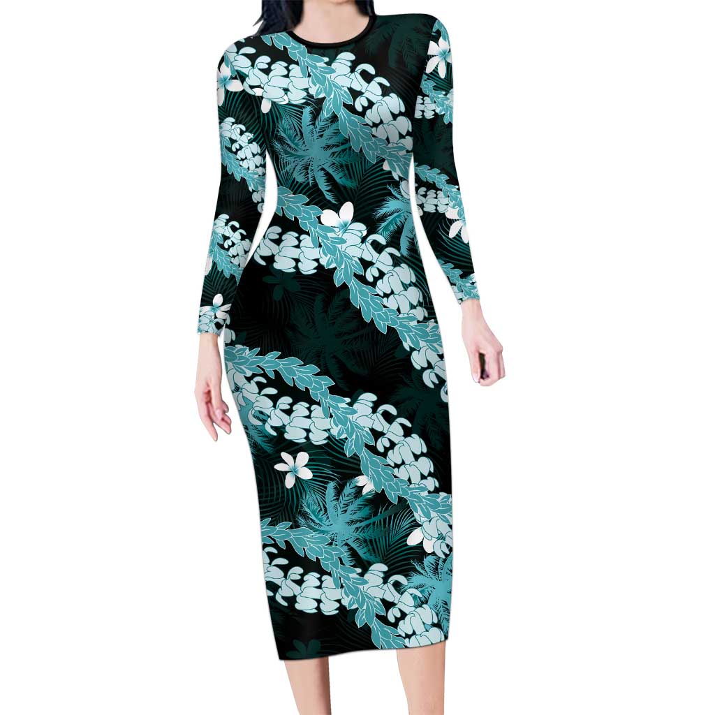Puakenikeni Maile Lei Family Matching Long Sleeve Bodycon Dress and Hawaiian Shirt Frangipani Turquoise Tropical Leaves LT01 Mom's Dress Turquoise - Polynesian Pride