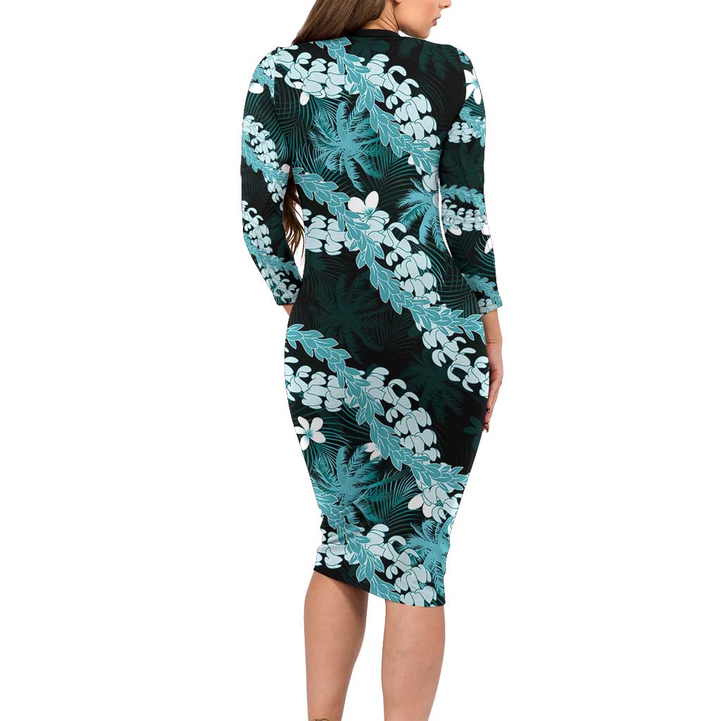 Puakenikeni Maile Lei Family Matching Long Sleeve Bodycon Dress and Hawaiian Shirt Frangipani Turquoise Tropical Leaves LT01 - Polynesian Pride
