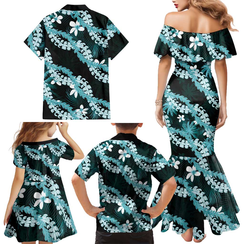 Puakenikeni Maile Lei Family Matching Mermaid Dress and Hawaiian Shirt Frangipani Turquoise Tropical Leaves LT01 - Polynesian Pride