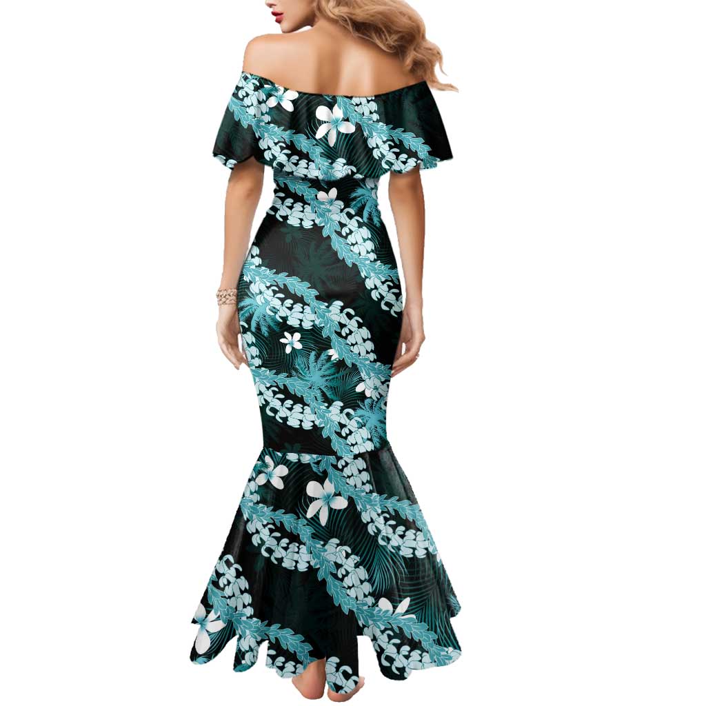 Puakenikeni Maile Lei Family Matching Mermaid Dress and Hawaiian Shirt Frangipani Turquoise Tropical Leaves LT01 - Polynesian Pride