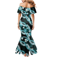 Puakenikeni Maile Lei Family Matching Mermaid Dress and Hawaiian Shirt Frangipani Turquoise Tropical Leaves LT01 - Polynesian Pride