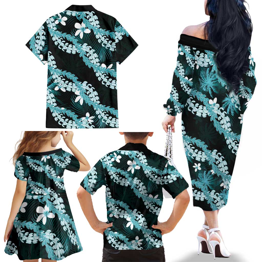 Puakenikeni Maile Lei Family Matching Off The Shoulder Long Sleeve Dress and Hawaiian Shirt Frangipani Turquoise Tropical Leaves LT01 - Polynesian Pride