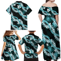 Puakenikeni Maile Lei Family Matching Off Shoulder Maxi Dress and Hawaiian Shirt Frangipani Turquoise Tropical Leaves LT01 - Polynesian Pride