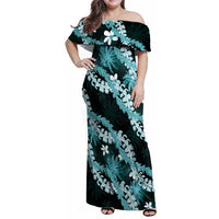 Puakenikeni Maile Lei Family Matching Off Shoulder Maxi Dress and Hawaiian Shirt Frangipani Turquoise Tropical Leaves LT01 Mom's Dress Turquoise - Polynesian Pride
