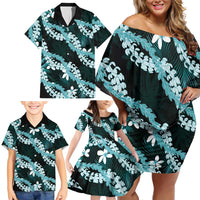 Puakenikeni Maile Lei Family Matching Off Shoulder Short Dress and Hawaiian Shirt Frangipani Turquoise Tropical Leaves LT01 - Polynesian Pride